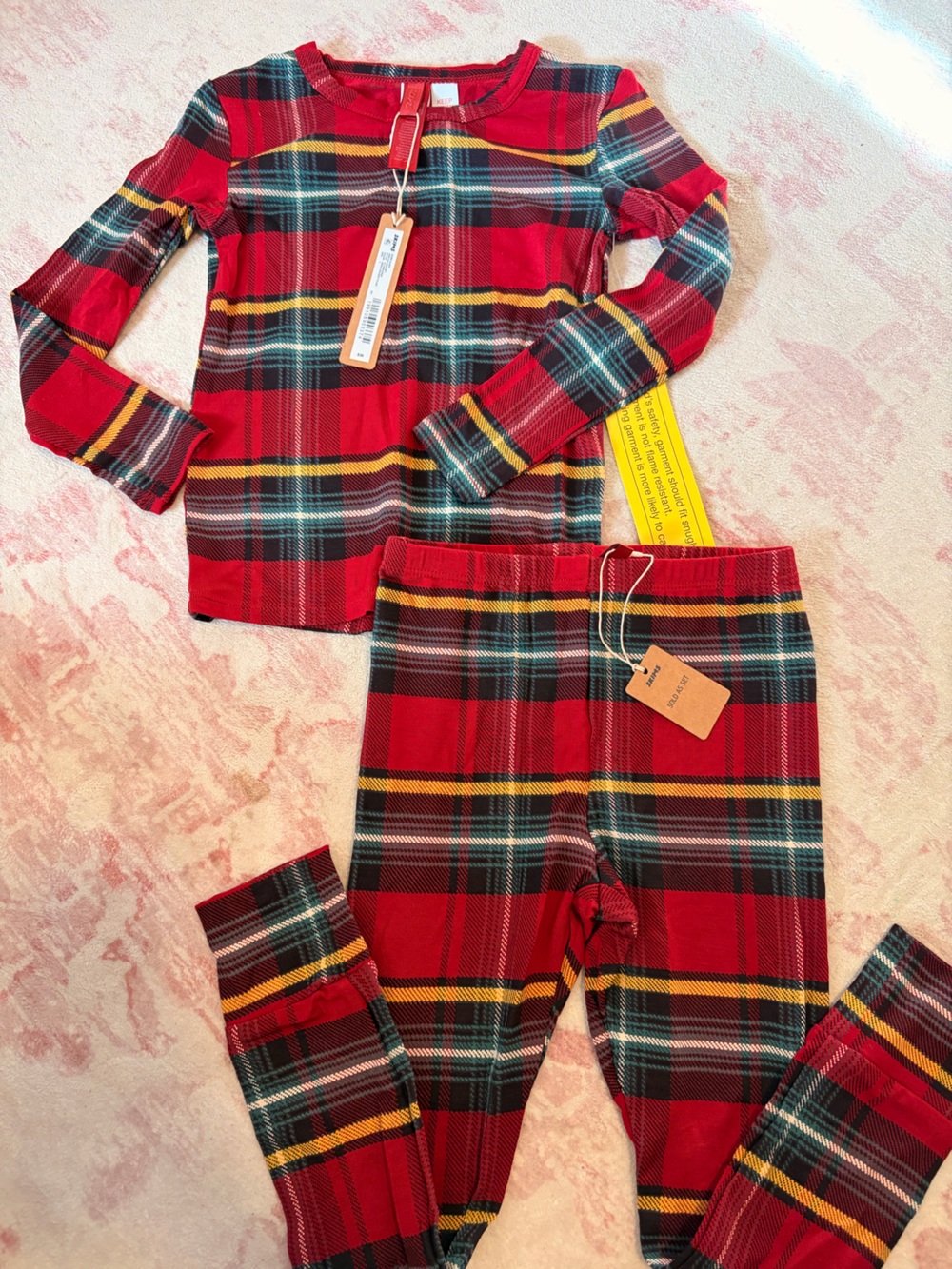 NWT SKIMS Red Plaid Kids Pajama Set with Yellow & Green Accents